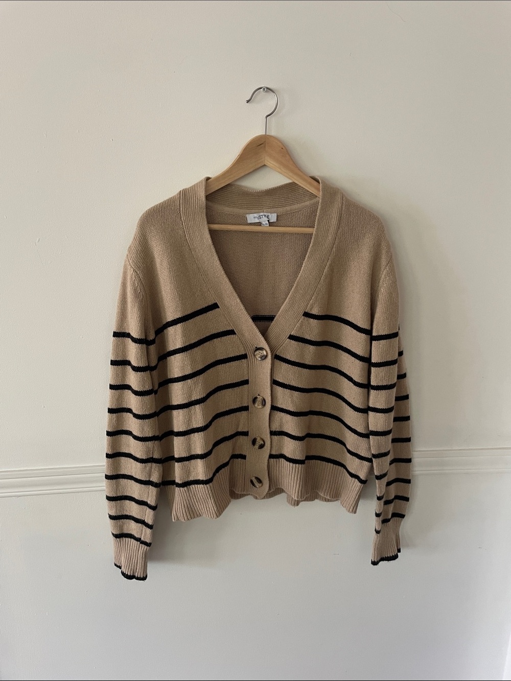 Oversized Beige Striped Button-Front Cardigan Sweater